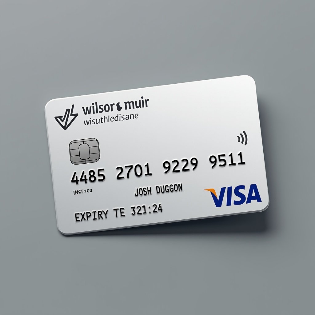 A realistic credit card resembles Wilson and Muir bank card. The design includes Visa logo, credit card number, cardholder name, and expiry date. The card has a sleek silver background with clean black font.