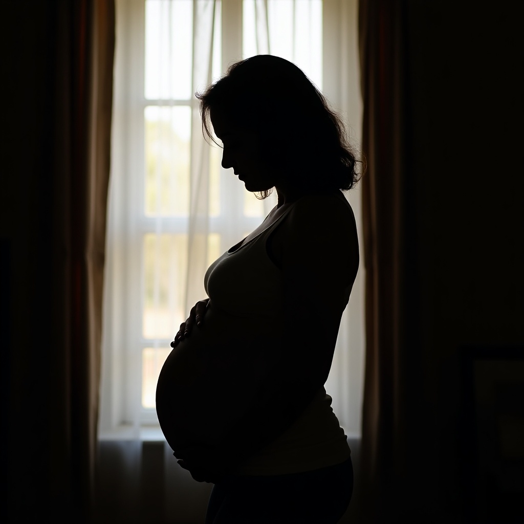 Silhouette of a pregnant woman standing near a window. Woman is holding her belly. Soft light filtering through the curtains.