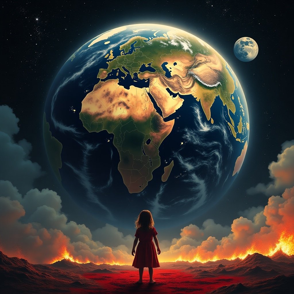 A vibrant image depicting a sad and damaged planet Earth. Child standing on the soil. The sky is black with shining stars. The moon appears to show sadness. Smoke and ashes fill the atmosphere.