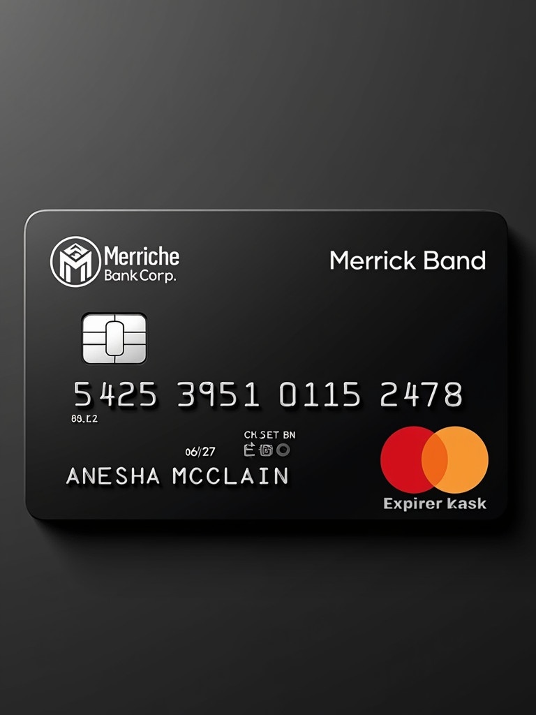 Black realistic virtual Mastercard features silver letters and design elements. Displays Merrick Bank Corp branding. Cardholder name is Anesha McClain. Number is 5425 3951 0115 2478 with expiration date of 06/27.