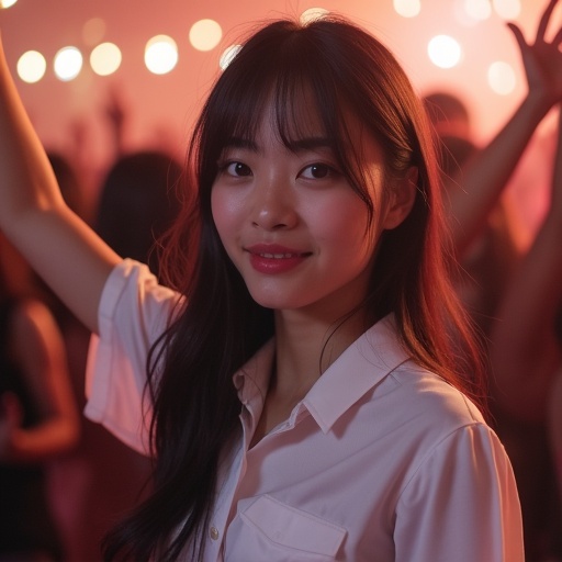 Asian girl in a white short sleeve collared shirt with brown hair. She is smiling and looking at the viewer with one arm raised. The background features a crowd of people dancing at a party creating a dynamic atmosphere.