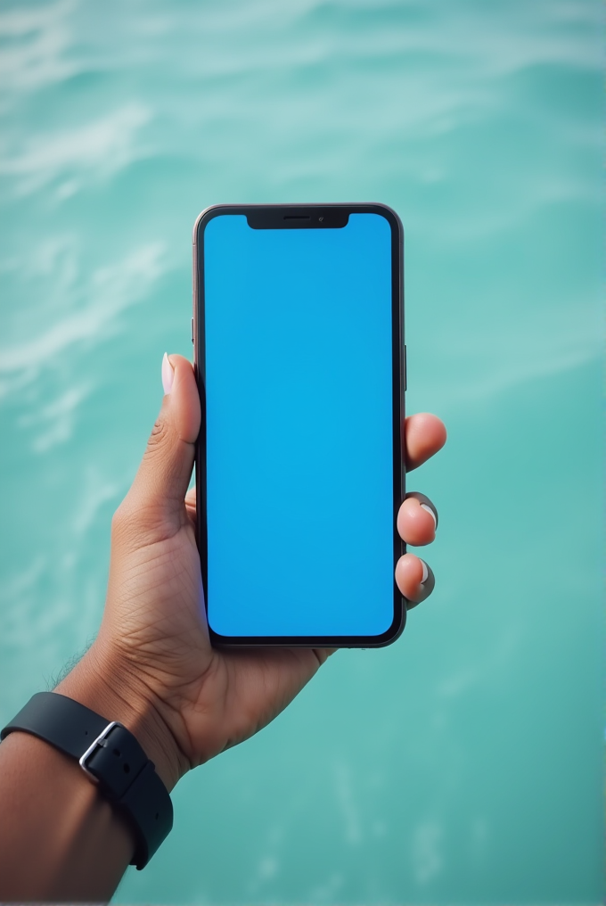 A person holds a smartphone with a blank blue screen, standing against a backdrop of calm teal water.