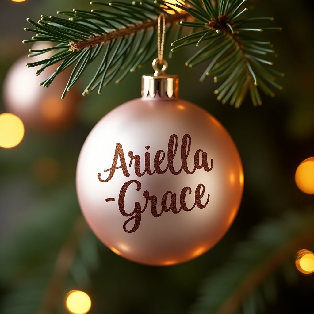 Image features a Christmas bauble with name Ariella-Grace. Ornament hangs on a green pine tree branch. Soft warm lights glow in the background. The bauble has a rose gold sheen. Perfect for holiday celebrations. Captures the essence of Christmas spirit.