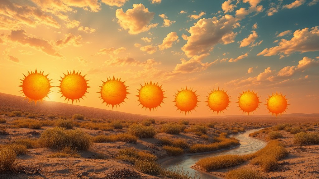 A surreal scene of multiple suns setting over a desert landscape.