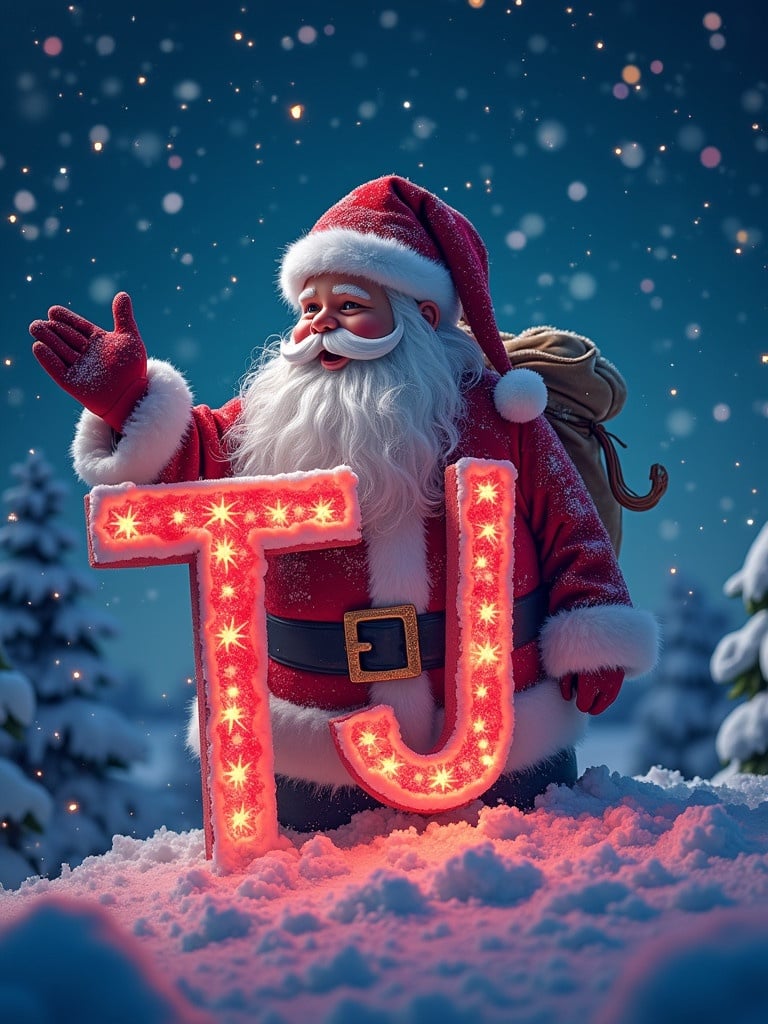 Christmas scene with Santa Clause celebrating and showcasing the name TJ. Colorful letters glowing in the snowy landscape with Christmas lights around. The scene is festive and joyful.