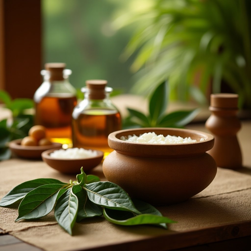 Image depicting Ayurvedic treatment focused on leaf bolus sudation. Clay bowl with white substance at center. Glass bottles with yellow liquid in the background. Leaves scattered around. Warm, inviting atmosphere.