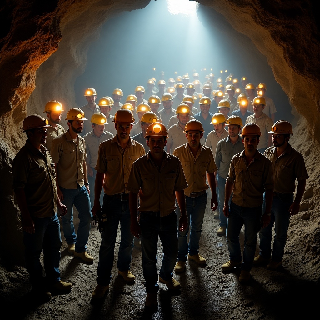 Group of miners in an underground tunnel. Miners wear safety helmets with lights. Dramatic lighting creates a moody atmosphere. They appear focused and united.