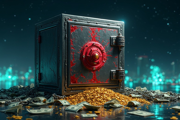 A square bank vault with red cracks spills gold coins and dollar bills. Glowing blue and green crumbling chains surround it. A dark starry sky and faint city skyline appear in the background. The image combines realism with digital art.