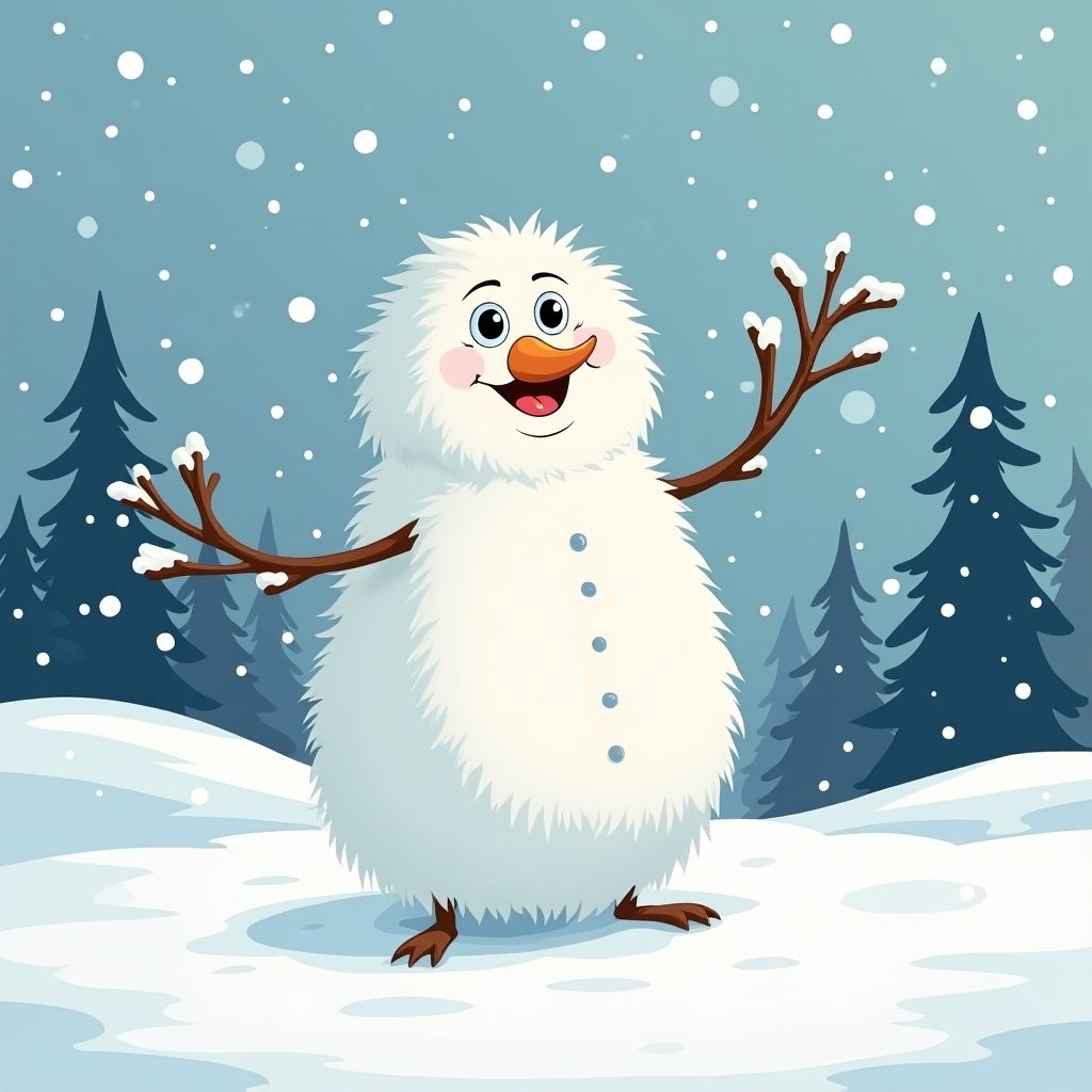 A cartoon snowman with fluffy white texture cheerful expression and snowy background. Arms raised in joy surrounded by pine trees and falling snowflakes.