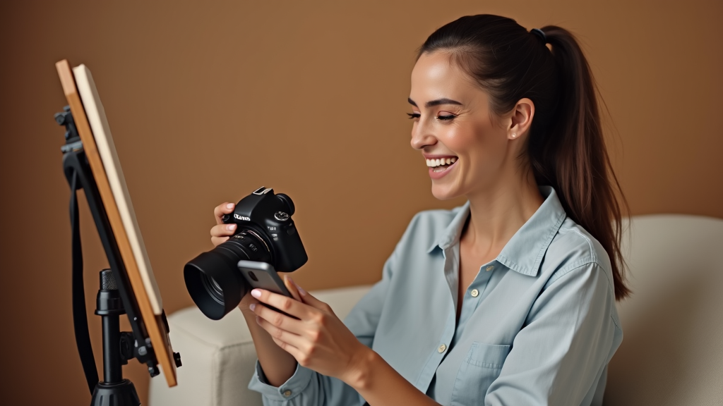 A woman joyfully multitasks by taking photos with a DSLR camera while seated on a light chair.