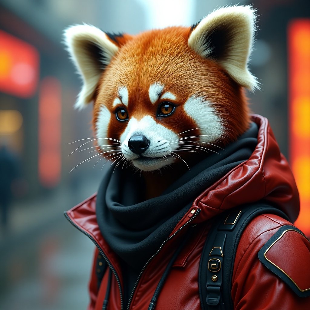 The image depicts a striking character that combines elements of cyberpunk with a red panda. She is adorned in a stylish red jacket, exuding a bold attitude. The anthropomorphic character possesses realistic panda features, with large expressive eyes and a fluffy face. The urban background adds to the futuristic ambiance, while soft lighting enhances the mood. This blend of nature and technology creates a unique visual experience that captivates and intrigues viewers.