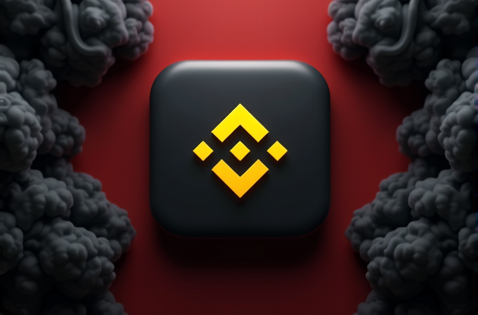 A yellow symbol on a black square contrasts with a dark swirling cloud background on red.