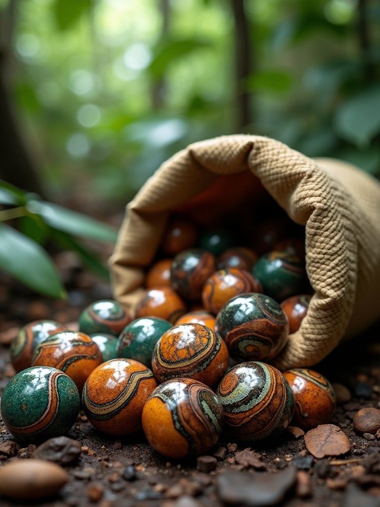 Hyper-realistic round marbles made from African Bush Viper snake skin. Thin stripe inlays with exotic wood. Marbles spill from a worn sack made of various snakeskin scraps. Scene depicts forest floor in the Amazon jungle.