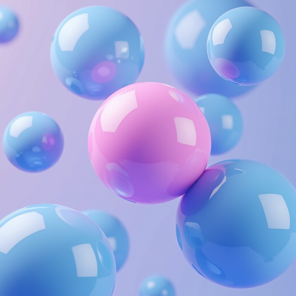 Glossy pink and blue spheres floating against a soft pastel background.