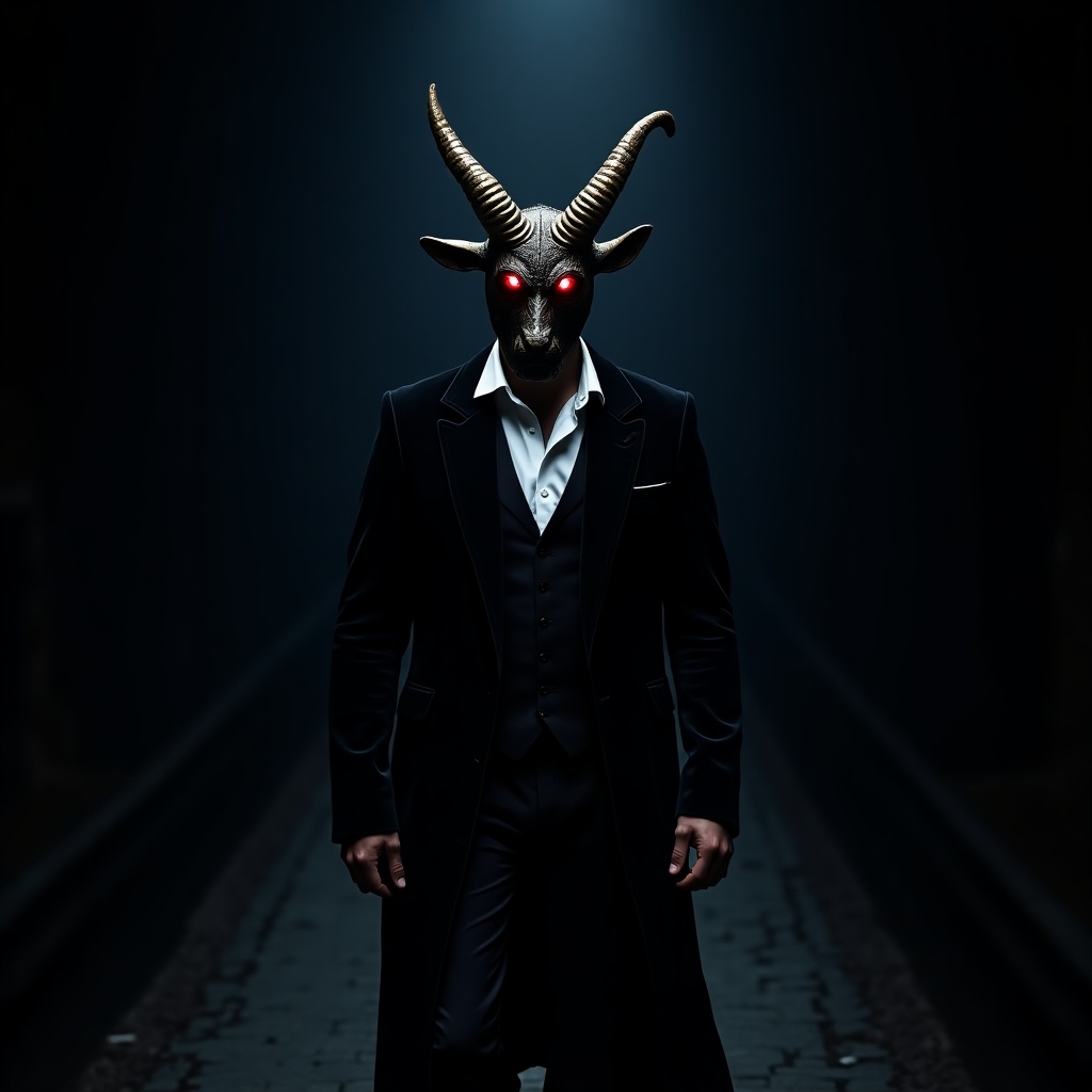 A man in a black velvet Victorian-style suit walks down a dark path wearing a minotaur mask. The mask has glowing red eyes and golden highlights. The setting is a pure black night. The white shirt glows with blue light, enhancing the eerie feeling of the scene.