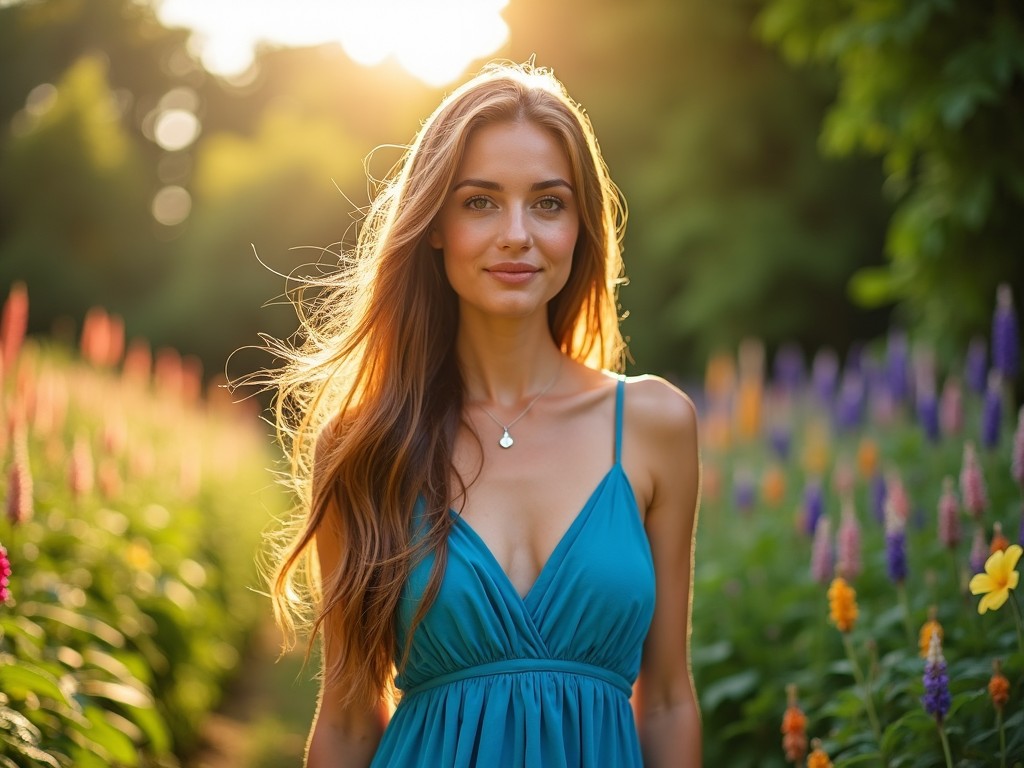 A beautiful woman in a blue dress, standing in a field of flowers, with sunlight creating a warm glow around her.