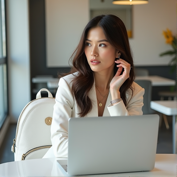 A woman in a white outfit sits at a table with a laptop, looking thoughtfully to the side.