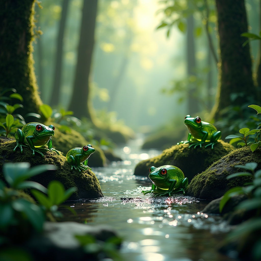 A tranquil rainforest scene showcasing a serene stream flowing gently through lush greenery. Glass frogs are perched on vibrant green leaves, surrounded by moss-covered stones. Sunlight filters through the trees, casting a soft glow over the scene. This peaceful setting evokes a sense of calm and connection with nature. The vibrant colors and rich biodiversity highlight the beauty of the rainforest ecosystem.