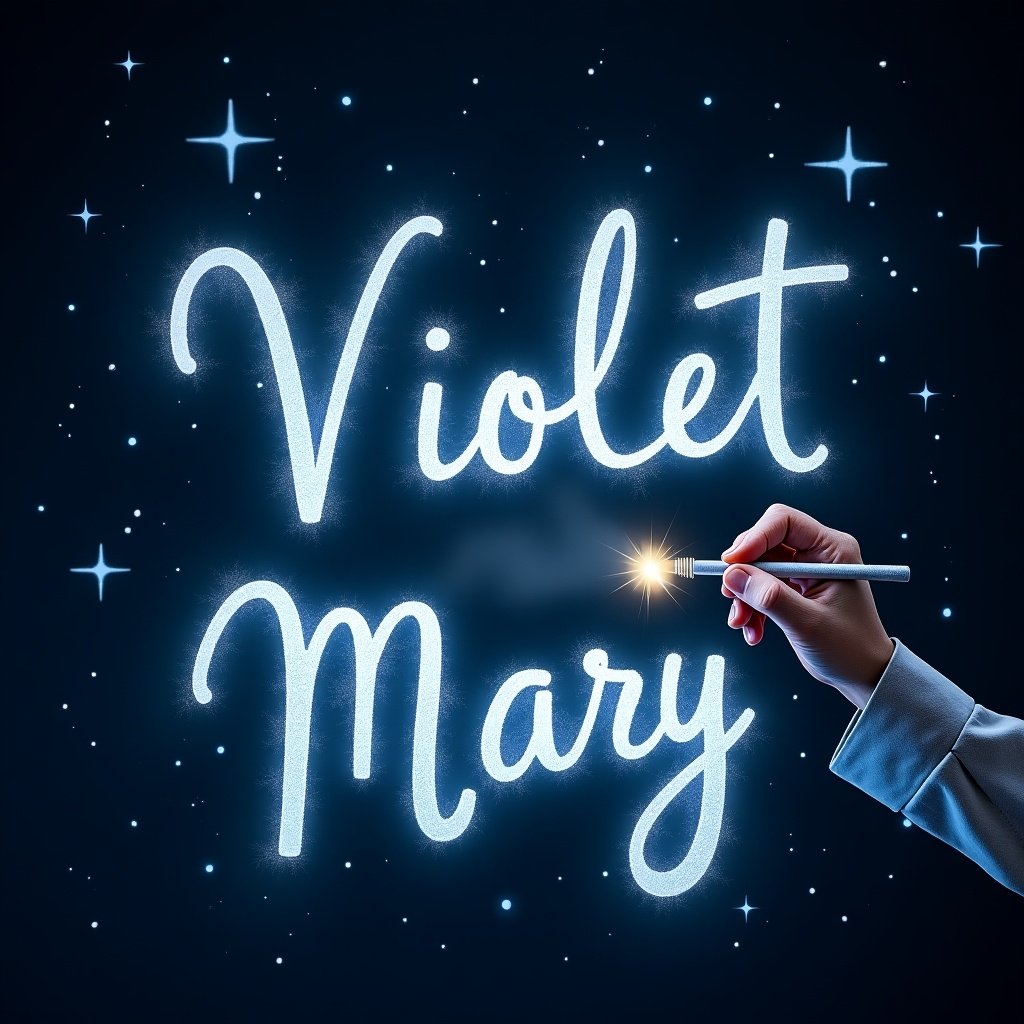 An elf writes names using a magical wand. The names glow against a starry night sky. Background is dark, highlighting white and light blue letters. The scene evokes magic and wonder, inviting viewers into a fantasy world.