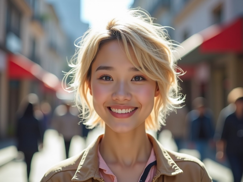 The image features a fresh-looking Korean woman with slightly shorter, messy blonde hair. She is smiling warmly, standing in an urban environment filled with other people. The background is softly blurred, emphasizing her joyful expression. The lighting is bright, giving the scene a lively feel. The colors are soft and inviting, creating a cheerful ambiance.