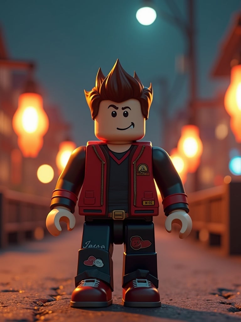 LEGO character with spiky hair stands on a street at night surrounded by glowing lanterns. The character wears a stylish red jacket with patches and black pants. Background is a blurred cityscape with a full moon.