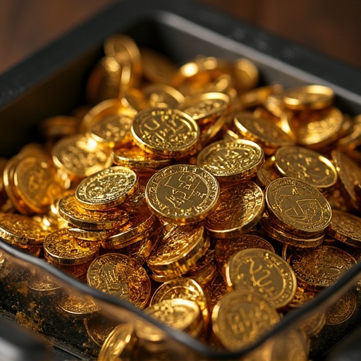 A container filled with shiny gold coins. The coins have intricate designs and a bright golden color. Captured from a top-down angle. Soft lighting enhances the shine and depth. The focus is on the texture and abundance of the coins.