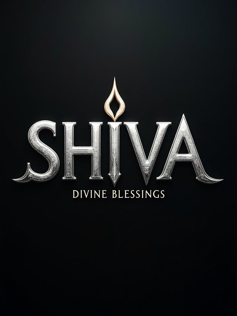 Glossy silver metal word SHIVA on dark background with the text 'Divine Blessings' below it