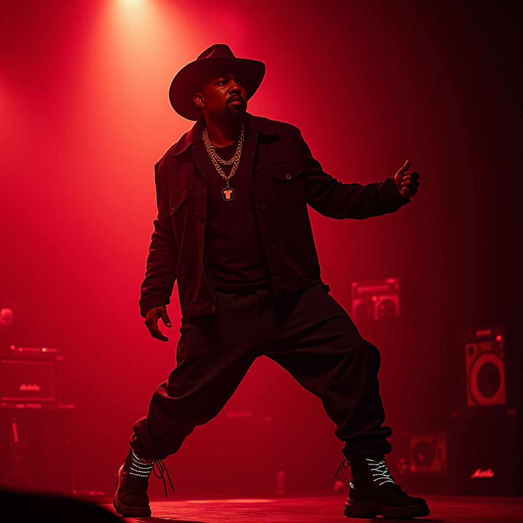 A man in a hat and gold chain performs energetically on a red-lit stage.