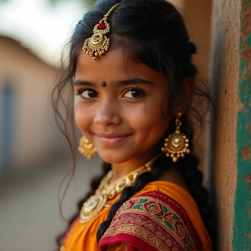 Girl in traditional Indian attire. She wears beautiful jewelry and has braids. The background shows a rustic wall. Warm sunlight enhances the colors of her outfit.