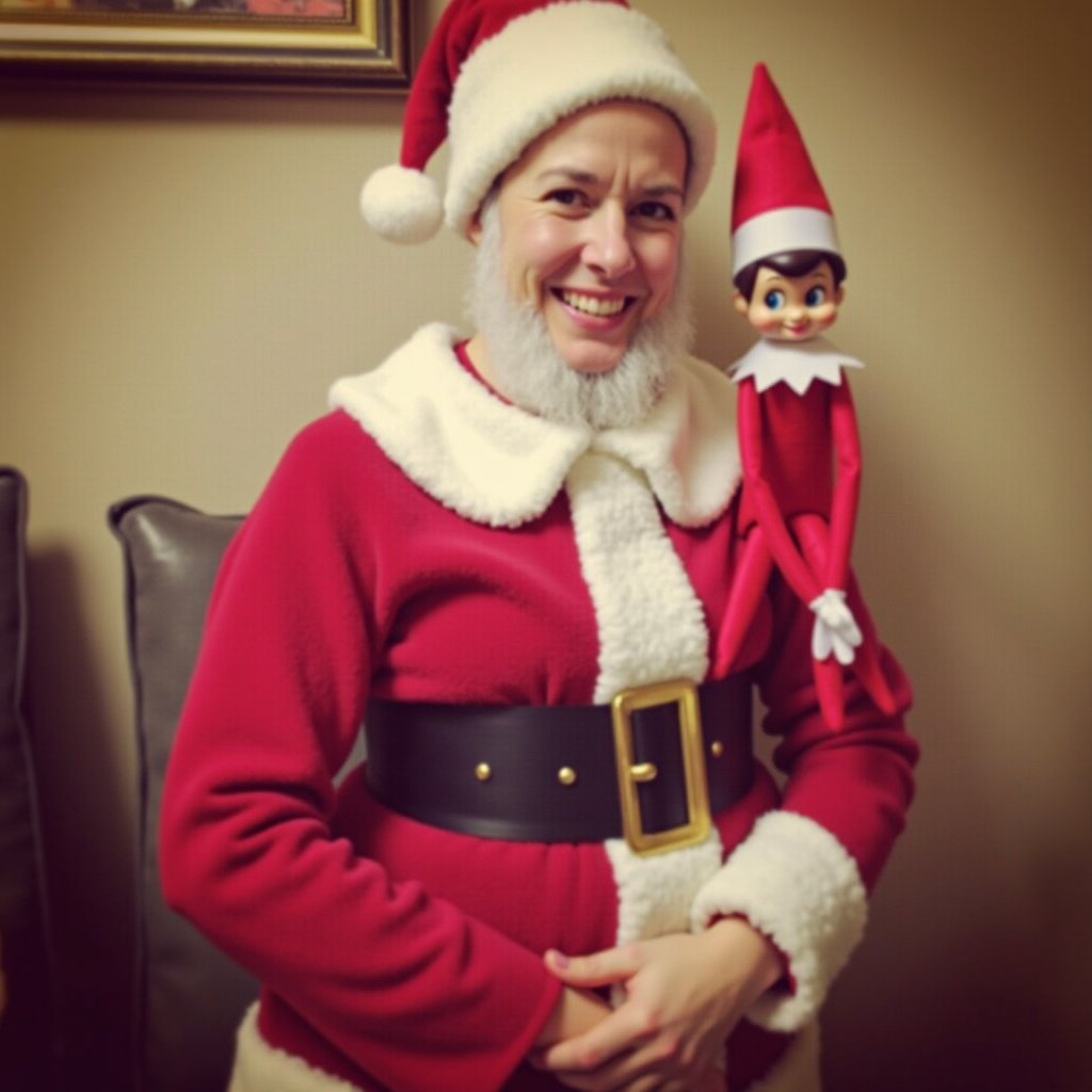 Santa wearing a red suit with white trim holds the Elf on the Shelf doll. The background is a soft gray. The scene feels festive and cheerful. The elf is perched on Santa's arm. The image conveys a playful Christmas atmosphere.