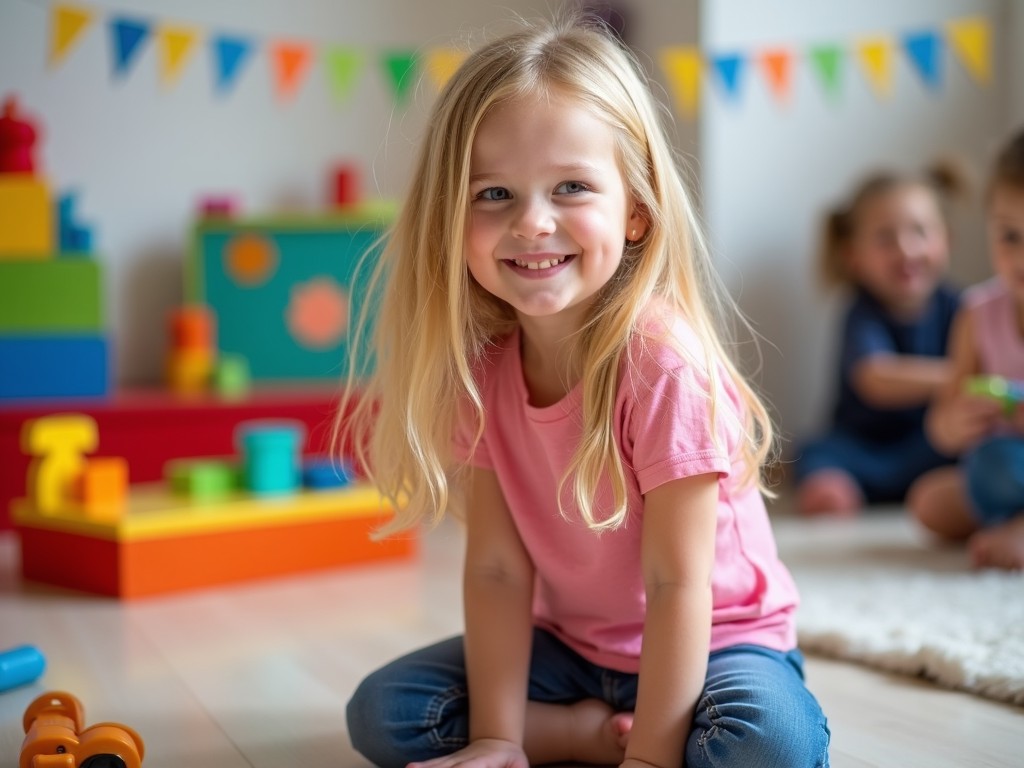 photo of a smiling girl in a playroom with colorful toys, bright lighting