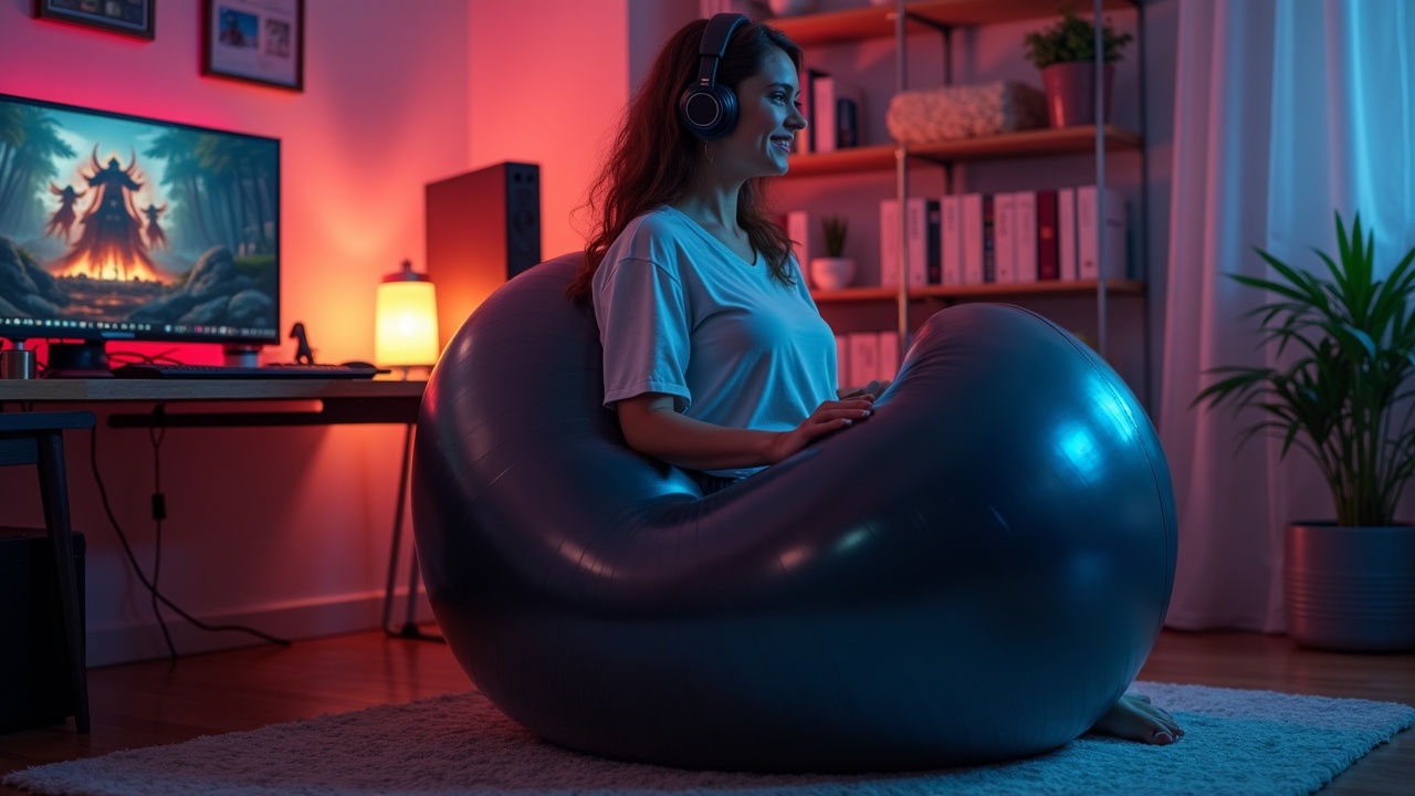 A fat Danish gamer woman is enjoying her time in a cozy gaming room. She is sitting comfortably on a transparent black yoga ball, wearing headphones while playing on her computer. The setup features a colorful gaming monitor in the background, surrounded by soft, ambient lighting. The room is well-decorated, with plants and bookshelves. This image captures a relaxed and inviting gaming atmosphere.