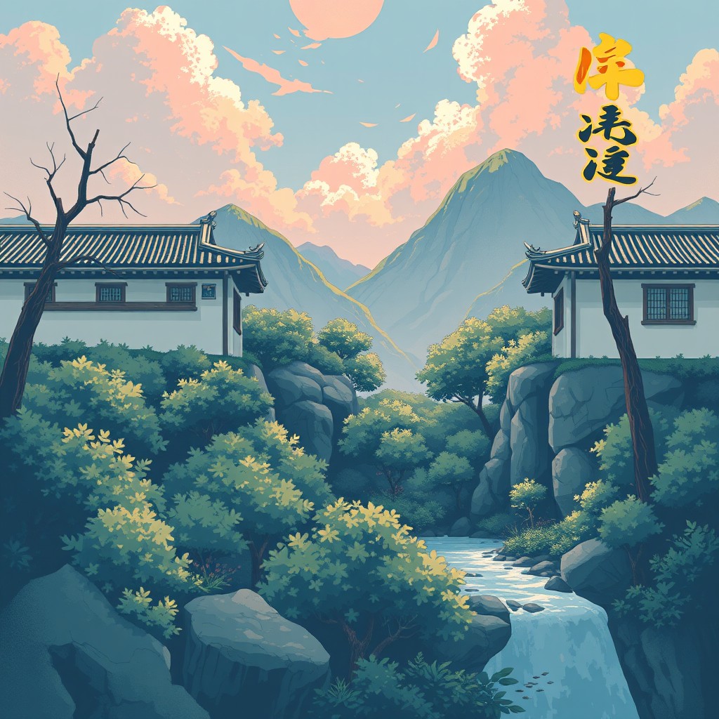 A serene landscape featuring traditional buildings amidst lush greenery and flowing water, set against a mountainous backdrop with a vibrant sky.