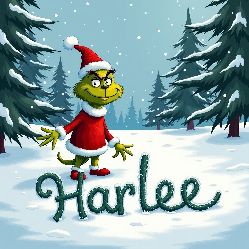 The Grinch character in a red Christmas outfit stands in a snowy landscape. The Grinch writes the name Harlee in the snow with a joyful expression.