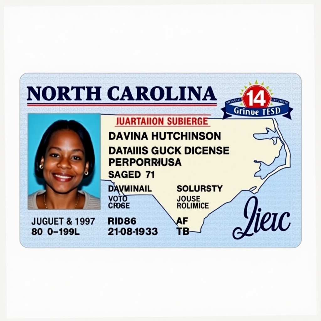 Image shows a North Carolina license card. Features personal information. Includes name Davina Hutchinson aged 71. Displays date of birth 21/08/1953. Background has a map of North Carolina. Card is in official design with blue, white, and red colors. Headshot is clear and professional.