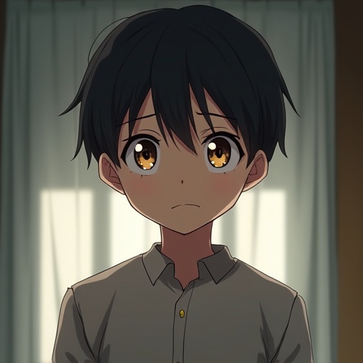 Anime character with a tense expression staring at the camera. Reflection of his younger self in his eyes shows innocence and happiness. Soft light creates a contrasting atmosphere. The man wears a casual shirt and stands still as an expressionless figure.