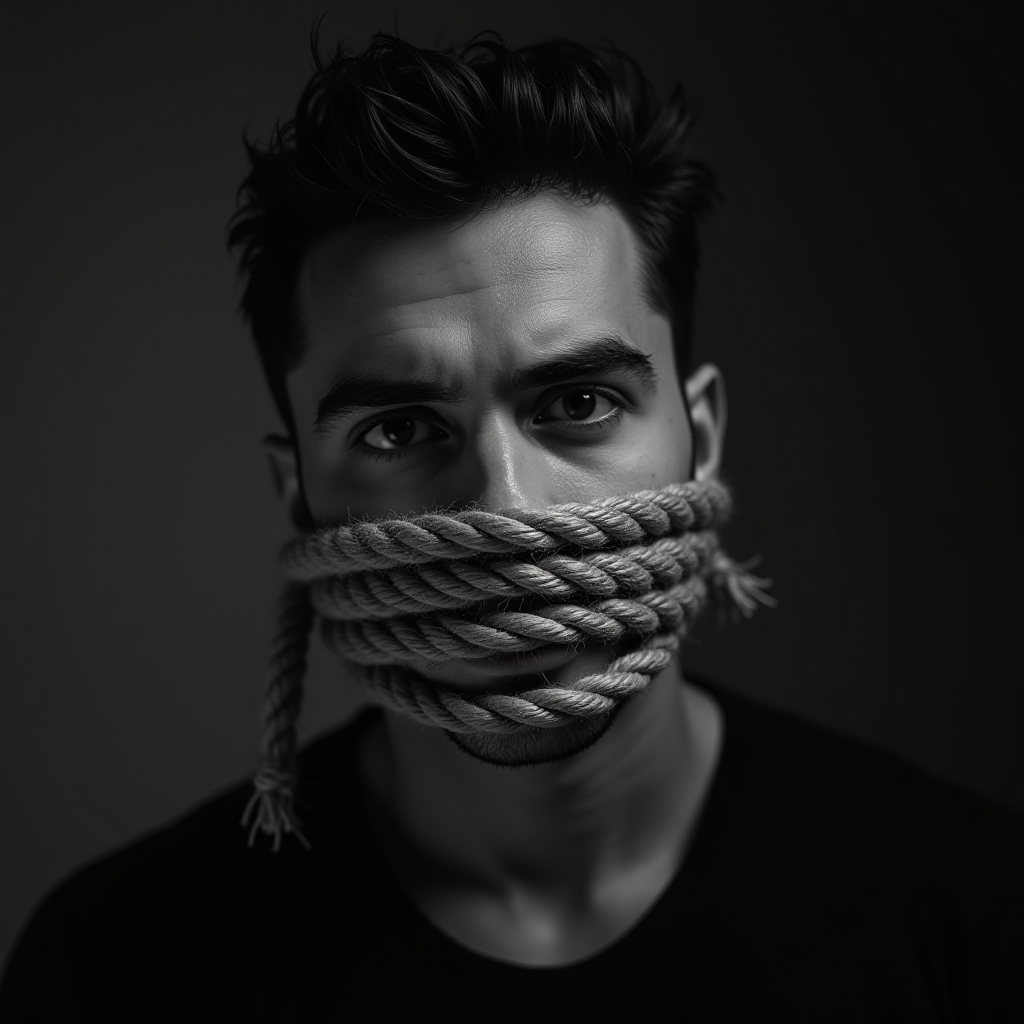 A man is tightly wrapped with rope around his mouth, set in a dramatic black and white tone.