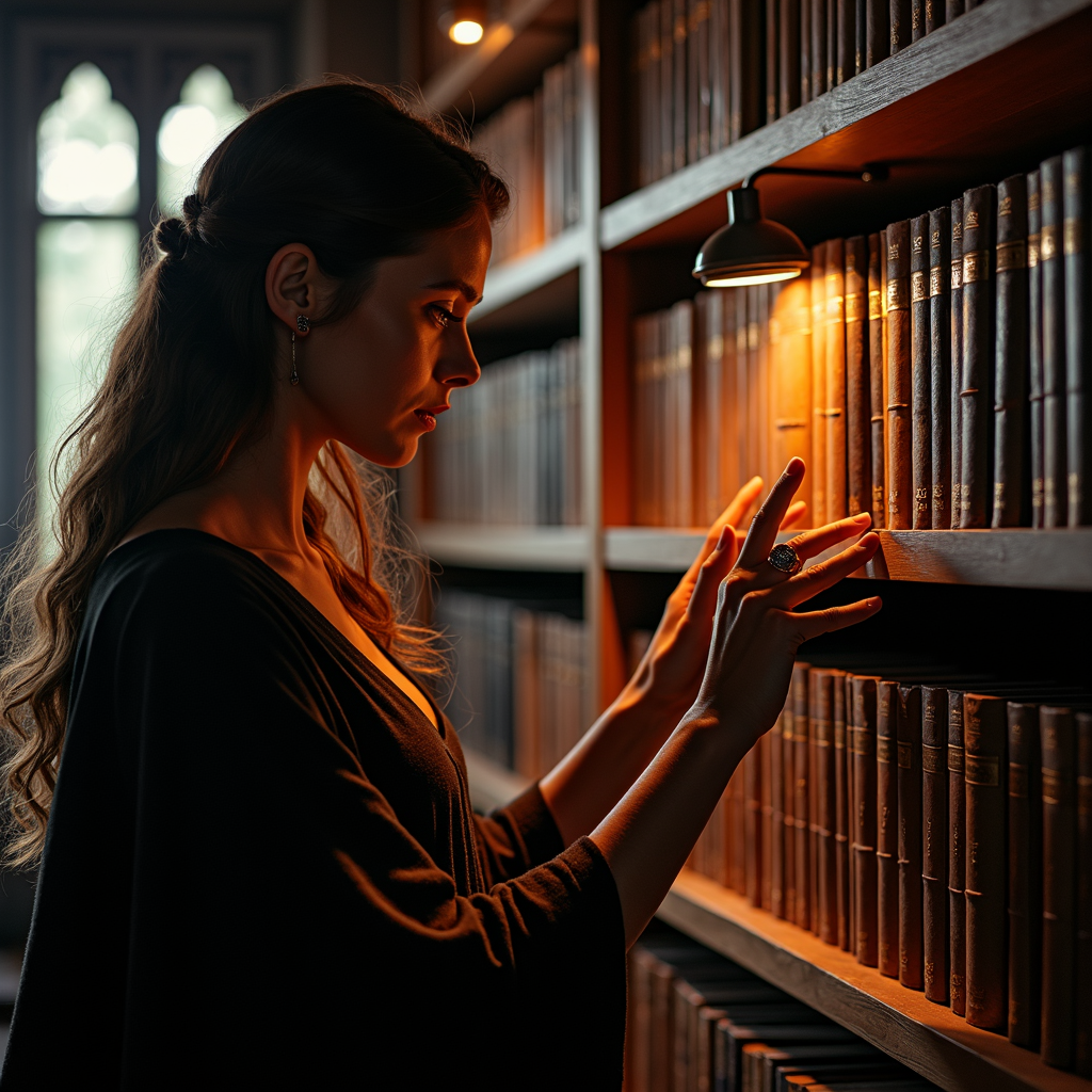 A woman in a dimly lit library thoughtfully explores a row of classic books.