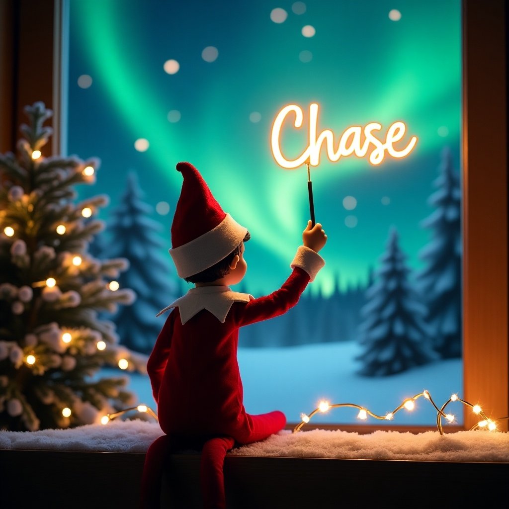 An enchanting Christmas scene showcases an elf on the shelf facing the vibrant northern lights. The elf, dressed in classic red and white attire, holds a magic wand that writes 'Chase' in a glowing script. The warm glow from the Christmas tree lights enhances the festive atmosphere. Snow-covered trees surround the window, creating a cozy winter backdrop. This whimsical scene encapsulates the spirit and joy of the holiday season, inviting a sense of wonder.