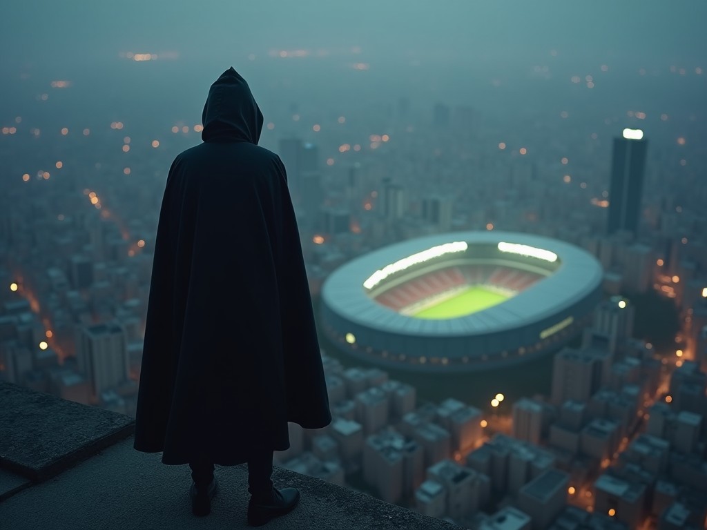 A figure in a dark cloak stands on the edge of a high rooftop, gazing out over a sprawling city illuminated by street lights. Below, a large stadium glows brightly, contrasting with the slow twilight around it. The atmosphere is thick with intrigue and a sense of adventure. The image captures the moment perfectly, invoking feelings of mystery and curiosity. The city appears alive beneath the mystique of the night sky.