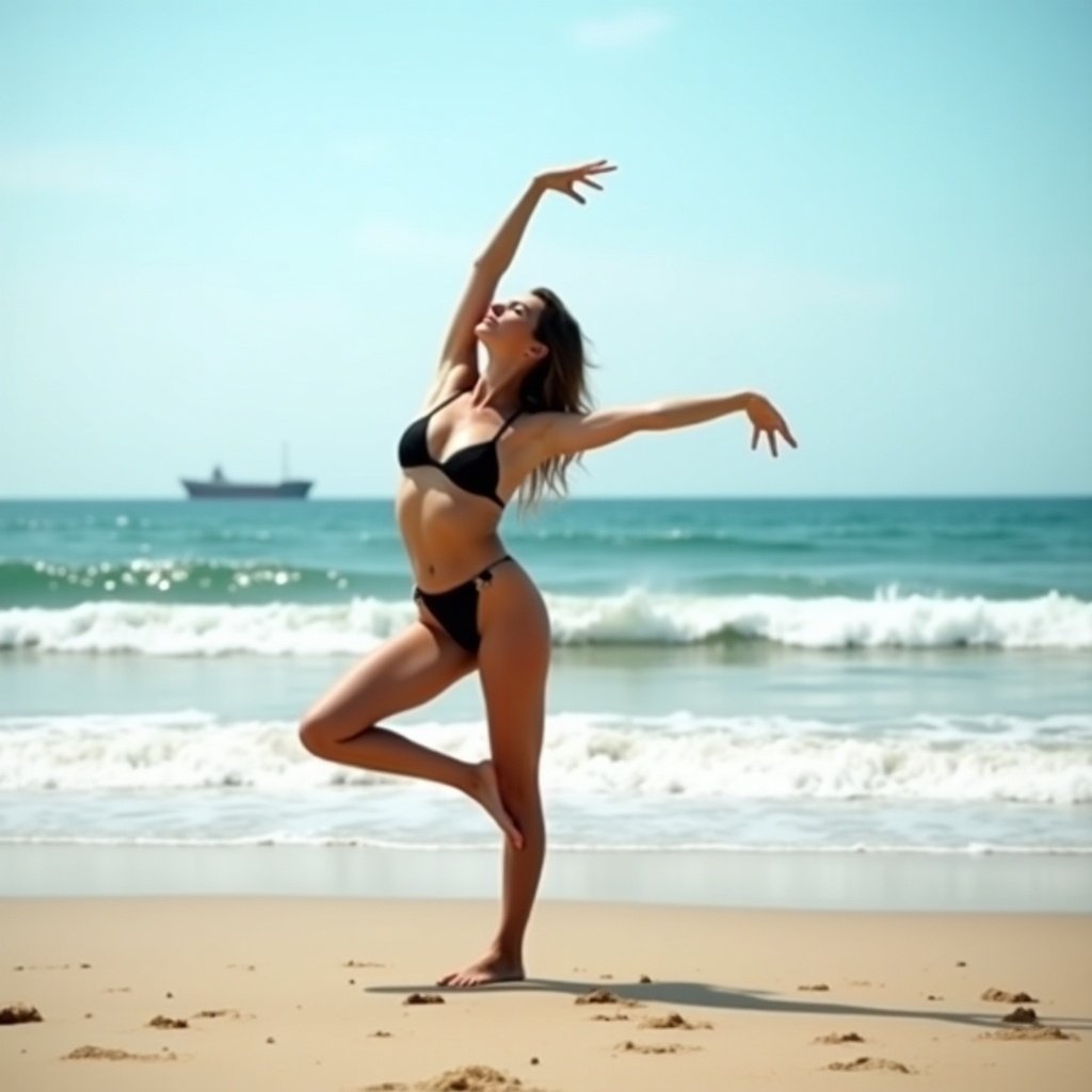 A woman strikes a dynamic dance pose on the beach. She wears a black bikini. One leg is bent and raised. Her arms are creatively positioned. Ocean waves crash softly behind her. A serene backdrop with a clear blue sky. A silhouette of a ship is in the distance.