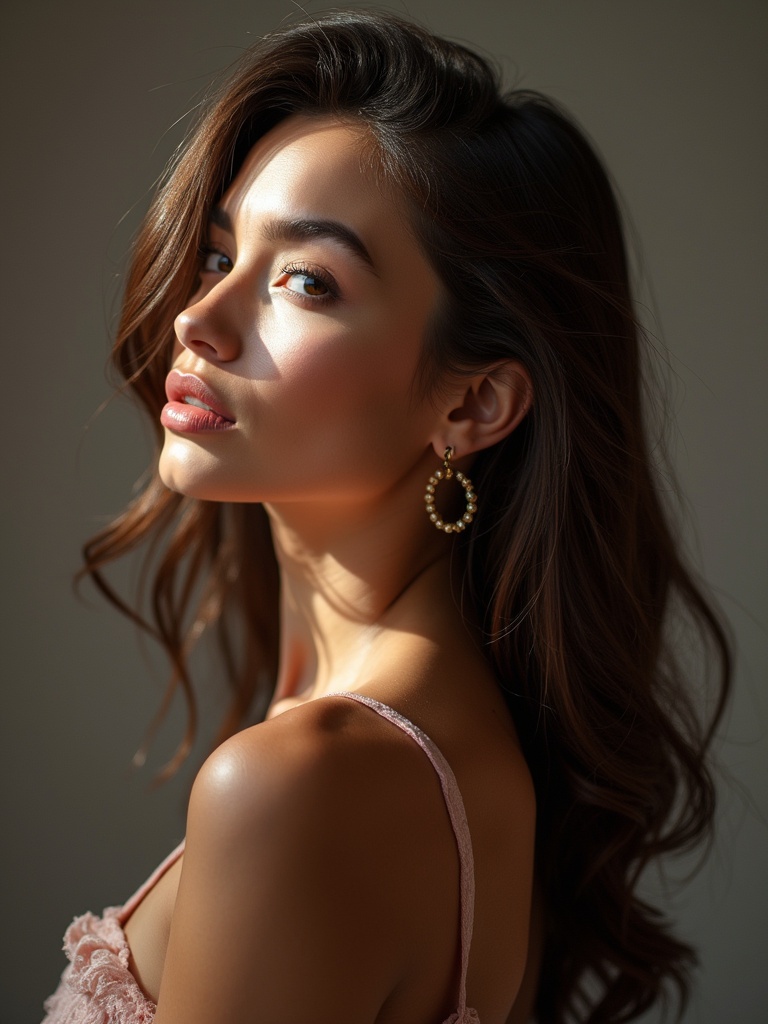 Photo of a woman with shiny hair in a studio setting. Profile view showcasing beauty and elegance. Soft lighting enhances features. She wears earrings. Hair is styled beautifully. Warm tones dominate the image.