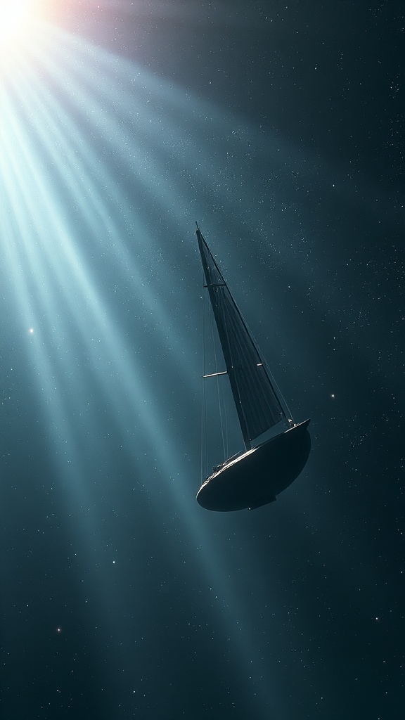 A sailing boat seemingly floating against a starry backdrop conveys a surreal blend of nautical and cosmic themes. Rays of light, resembling sunlight, pierce through the scene, adding a touch of mystery and ethereal beauty. The overall mood is dreamlike, transporting the viewer into a whimsical world where the boundaries between water and space dissolve.