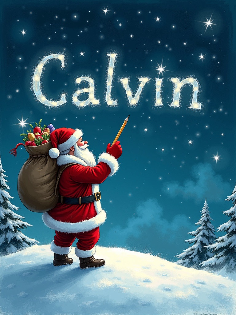 Santa Claus stands on a snowy hill under a starry night. He writes Calvin in the sky with a pencil. Santa is dressed in red and white. He has a large sack of gifts on his back. The name is in a whimsical font with construction items effects.