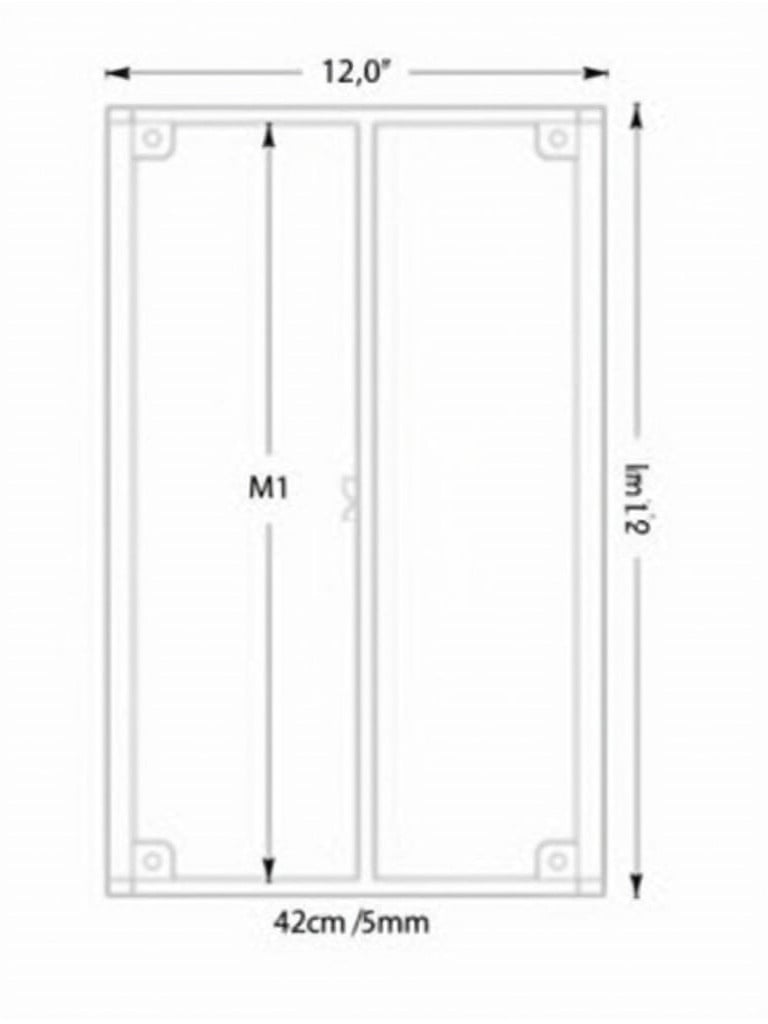 Technical drawing features dual-sided e-paper departure board. E-paper panel measures 13 inches integrated into housing. Housing dimensions are 42 cm by 40 cm by 10 cm. Landscape format with two M10 drilling holes on the left side. Front perspective shown with size annotations.