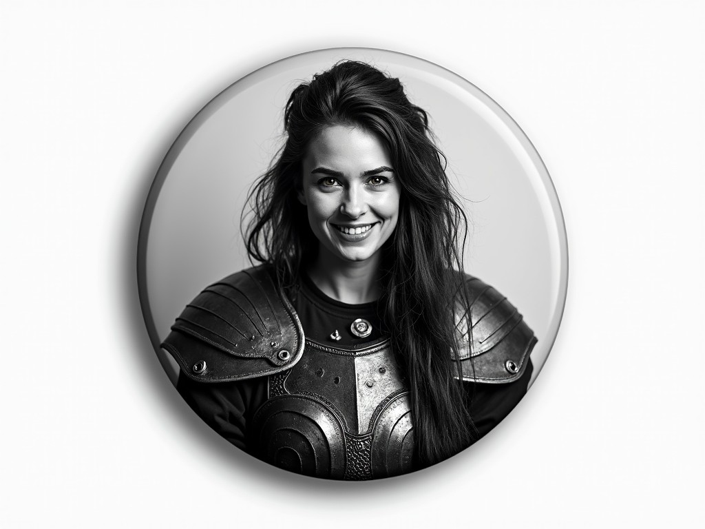 The image portrays a woman smiling confidently in a medieval-style armor. The black and white color palette enhances the contrast between her expressive face and the intricate details of the armor. Her long, slightly tousled hair adds to the warrior theme, creating a blend of strength and charm.