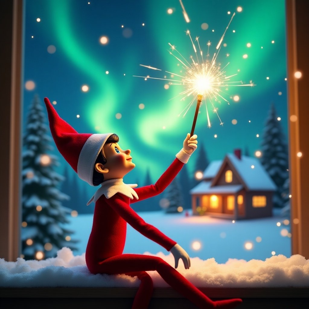 An elf on the shelf sits with its back to the viewer, gazing skyward. It holds a glowing wand that emits sparkling light. The background showcases a charming Christmas scene with colorful northern lights swirling above. In the distance, a cozy house can be seen, decorated for the holidays. Snow covers the ground, adding to the winter atmosphere. The elf is in a playful position, embodying the spirit of magic and wonder associated with Christmas. A holiday message is written in the air using the wand, creating a sense of holiday cheer.