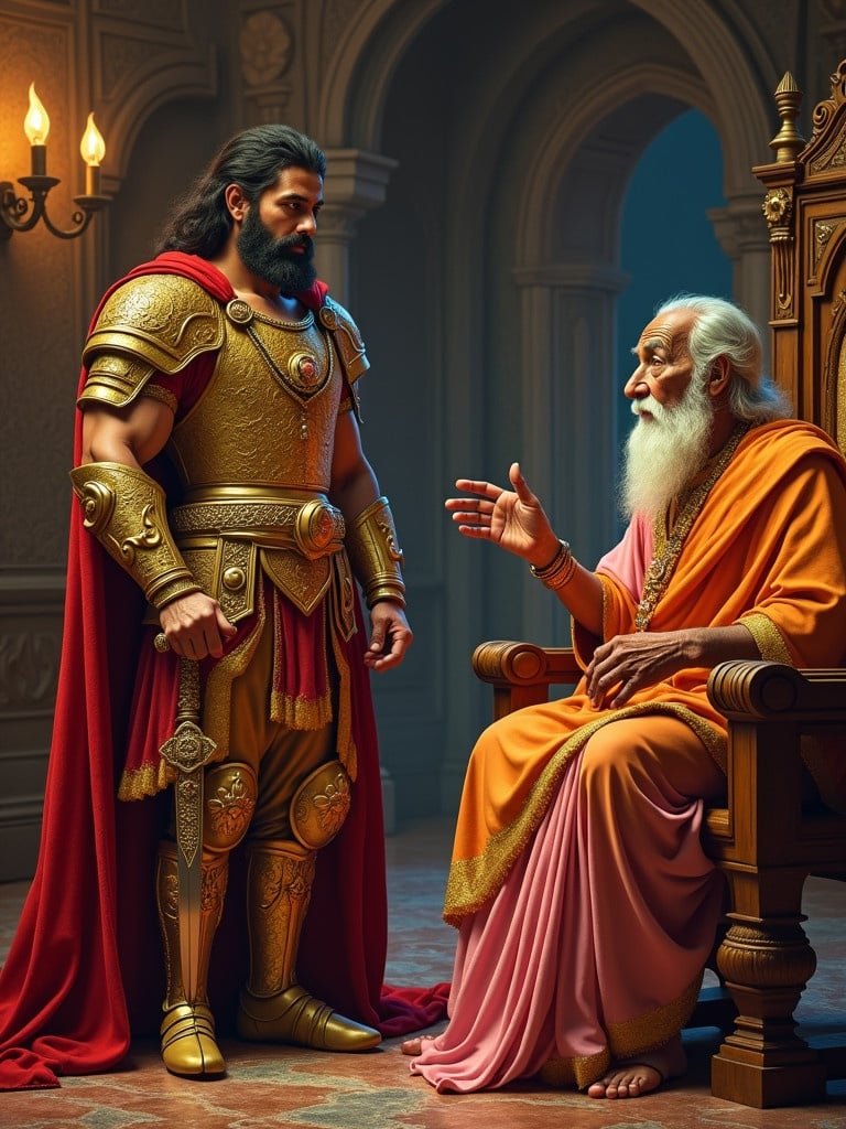 In the opulent throne room of Surya Garh, King Rudrasen stands proudly in golden armor with a crimson velvet cape. He holds a jeweled sword firmly, showing resolve and deep thought. Beside him, Queen Mriganjali wears a pink and gold saree with intricate jewelry, revealing concern and determination. An old sage leans on a staff, in saffron robes, gesturing toward a dark horizon, warning about the powerful tantrik Kaljayi. The atmosphere is tense, filled with the weight of adventure, with shadows flickering dramatically across the grand walls.