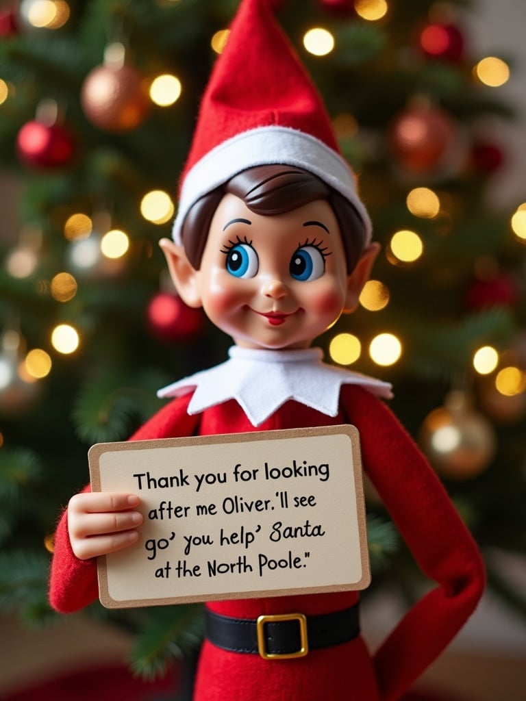 An elf in a red outfit stands in front of a decorated Christmas tree holding a thank you sign thanking Oliver. The sign indicates the elf will assist Santa at the North Pole next year.