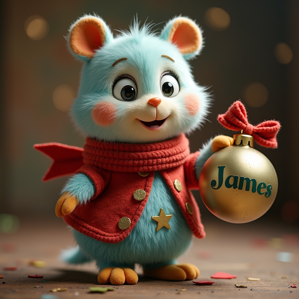 This image features a cheerful blue character reminiscent of Iggle Piggle, set in a festive atmosphere. The character has large expressive eyes and a friendly smile, wearing a cozy red coat with a scarf. In one hand, the character holds a gold Christmas bauble personalized with the name 'James.' The background is adorned with colorful confetti, adding to the celebratory feel. The overall tone is warm and inviting, perfect for holiday-themed content.